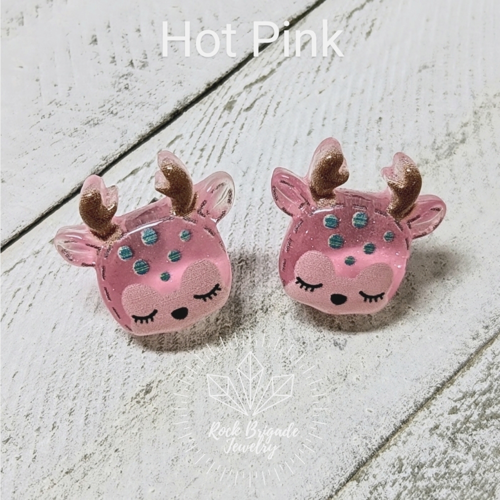 Reindeer Studs Christmas Earrings Hot Pink Nickel Free Hypoallergenic